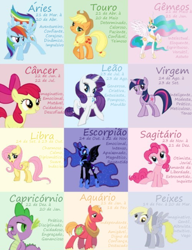 Size: 1000x1304 | Tagged: safe, artist:funfunland22, derpibooru import, applejack, big macintosh, derpy hooves, fluttershy, nightmare moon, pinkie pie, princess celestia, rainbow dash, rarity, spike, twilight sparkle, alicorn, dragon, earth pony, pegasus, pony, unicorn, aquarius, aries, cancer (horoscope), capricorn, derp, female, gemini, leo, libra, male, pisces, portuguese, purple, sagittarius, scorpio, simple background, taurus, virgo, zodiac