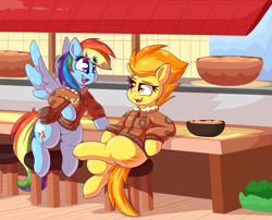 Size: 3617x2929 | Tagged: safe, artist:graphene, rainbow dash, spitfire, pegasus, pony, bomber jacket, clothes, commission, cute, cutefire, dashabetes, duo, female, flying, jacket, looking at each other, mare, sitting, smiling, stool