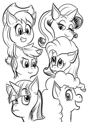 Size: 480x672 | Tagged: safe, artist:waniramirez, derpibooru import, applejack, fluttershy, pinkie pie, rainbow dash, rarity, twilight sparkle, earth pony, pegasus, pony, unicorn, mane six, monochrome