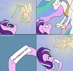 Size: 1277x1258 | Tagged: safe, artist:zoarvek, edit, princess celestia, starlight glimmer, alicorn, pony, unicorn, celestia's message to starlight, cropped, duo, exploitable meme, female, flying, forgiveness, mare, meme, smiling