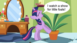 Size: 854x475 | Tagged: safe, derpibooru import, edit, edited screencap, screencap, twilight sparkle, pony, green isn't your color, exploitable meme, fill in, forced meme, meme, potted plant, secret, secret pot meme, solo, speech bubble