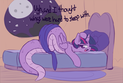 Size: 3000x2025 | Tagged: safe, artist:graphene, twilight sparkle, twilight sparkle (alicorn), alicorn, lamia, original species, bed, curved horn, golden oaks library, lamiafied, moon, night, solo, species swap, twilamia, twilight snakle, window, wings