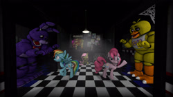 Size: 3840x2160 | Tagged: safe, artist:ledo621, derpibooru import, fluttershy, pinkie pie, rainbow dash, earth pony, pegasus, pony, 3d, bonnie, chica, crossover, five nights at freddy's, scared, source filmmaker