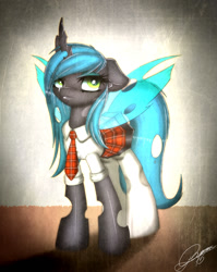 Size: 1046x1312 | Tagged: safe, artist:gamermac, queen chrysalis, changeling, changeling queen, clothes, looking at you, necktie, schoolgirl, skirt, solo, stockings