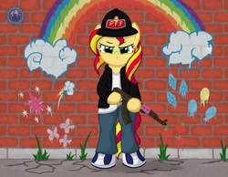 Size: 4500x3500 | Tagged: safe, artist:template93, sunset shimmer, pony, absurd resolution, ak, ak-47, assault rifle, bipedal, clothes, commission, cutie mark, gun, hat, hoodie, pants, rifle, solo, weapon