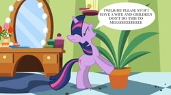 Size: 854x475 | Tagged: safe, derpibooru import, edit, edited screencap, screencap, twilight sparkle, pony, green isn't your color, cargo ship, exploitable meme, forced meme, meme, potted plant, secret pot meme, solo, speech bubble