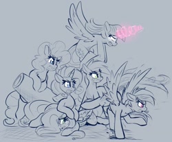 Size: 1886x1563 | Tagged: safe, artist:graphene, applejack, fluttershy, pinkie pie, rainbow dash, rarity, twilight sparkle, twilight sparkle (alicorn), alicorn, earth pony, pegasus, pony, unicorn, angry, crying, female, freckles, lineart, magic, mare, monochrome, open mouth, party cannon, wings