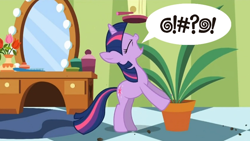 Size: 838x474 | Tagged: safe, derpibooru import, edit, edited screencap, screencap, twilight sparkle, pony, green isn't your color, censored vulgarity, exploitable meme, forced meme, grawlixes, meme, potted plant, q*bert, secret pot meme, solo, speech bubble