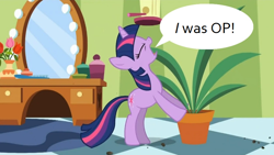 Size: 838x474 | Tagged: safe, derpibooru import, edit, edited screencap, screencap, twilight sparkle, green isn't your color, exploitable meme, meme, op, ponyville secrets, potted plant, secret pot meme, solo, speech bubble