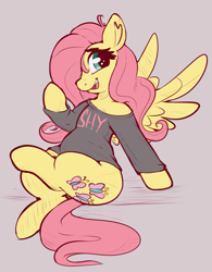 Size: 1425x1827 | Tagged: safe, artist:graphene, fluttershy, pegasus, pony, cute, female, hair over one eye, long sleeve shirt, looking at you, mare, open mouth, raised hoof, shyabetes, sitting, smiling, solo, spread wings, wings