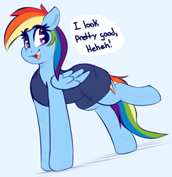 Size: 1587x1635 | Tagged: safe, artist:graphene, rainbow dash, pegasus, pony, blue background, clothes, cute, dashabetes, dialogue, dress, female, mare, open mouth, simple background, solo, speech bubble, truth