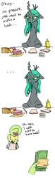 Size: 735x2344 | Tagged: safe, artist:nobody, queen chrysalis, oc, oc:anon, oc:kid anon, changeling, changeling queen, human, bugmom, ..., bologna, bread, cheese, clothes, comic, crown, dialogue, dollar, female, focus, food, human male, jewelry, knife, male, money, mother, mustard, open mouth, pants, paper bag, post-it, regalia, sauce, shirt, simple background, skub, smiling, son, sticky note, white background