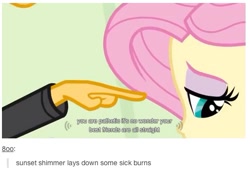 Size: 513x353 | Tagged: safe, screencap, fluttershy, sunset shimmer, equestria girls, burn, heterophobia, meme, tumblr, youtube caption