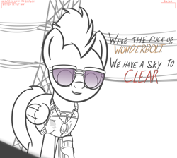 Size: 3555x3187 | Tagged: safe, artist:czu, spitfire, cyborg, cyberpunk, cyberpunk 2077, cyberpunk spitfire, looking at you, looking down, sunglasses, text, vulgar, wonderbolts