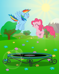 Size: 2000x2500 | Tagged: safe, artist:galekz, derpibooru import, pinkie pie, rainbow dash, earth pony, pegasus, pony, cute, eyes closed, field, grin, happy, jumping, open mouth, smiling, spread wings, sun, trampoline