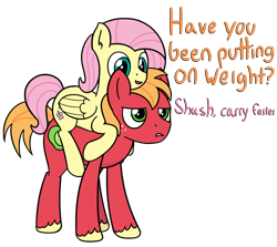 Size: 3316x2963 | Tagged: safe, artist:czu, big macintosh, fluttershy, pegasus, pony, alternate hairstyle, carrying, cute, female, fluttermac, male, missing accessory, pony ride, riding, shipping, simple background, straight, text, white background