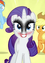 Size: 437x607 | Tagged: safe, derpibooru import, edit, edited screencap, screencap, applejack, rainbow dash, rarity, earth pony, pegasus, pony, unicorn, rarity takes manehattan, blushing, eyeshadow, frown, garish makeup, grin, lipstick, makeover, makeup, nightmare fuel, now you fucked up, raised hoof, rerity, smiling, the joker, uncanny valley, uncanny valley makeup, wat, what has science done, wide eyes, wrong