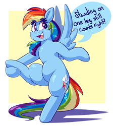 Size: 1929x2112 | Tagged: safe, artist:graphene, rainbow dash, pegasus, pony, atg 2019, cute, dialogue, female, mare, newbie artist training grounds, raised leg, solo, spread wings, standing, standing on one leg, talking, wings