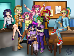 Size: 1024x768 | Tagged: dead source, safe, artist:teammagix, applejack, fluttershy, pinkie pie, rainbow dash, rarity, spike, sunset shimmer, twilight sparkle, equestria girls, alternate design, human coloration, human spike, humane seven, humane six, humanized, mane seven, mane six