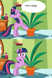 Size: 475x710 | Tagged: safe, derpibooru import, edit, edited screencap, screencap, twilight sparkle, unicorn twilight, pony, unicorn, green isn't your color, anchorman, bipedal, covering mouth, dirt, exploitable meme, eyes closed, faic, female, frown, hoof over mouth, hub logo, hubble, i love lamp, looking at you, mare, meme, open mouth, ponyville secrets, pot, potted plant, secret pot meme, solo, speech bubble, text, the hub, wide eyes, yelling