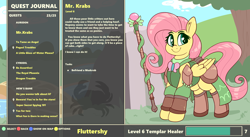 Size: 4800x2638 | Tagged: safe, artist:graphene, fluttershy, crab, pegasus, pony, armor, atg 2019, cute, healer, mudcrab, newbie artist training grounds, shyabetes, solo, staff, the elder scrolls, video game