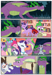 Size: 1130x1631 | Tagged: safe, artist:brainsister, derpibooru import, applejack, fluttershy, pinkie pie, rainbow dash, rarity, spike, twilight sparkle, unicorn twilight, dragon, earth pony, pegasus, pony, unicorn, comic:time, cave, comic, female, future, immortality blues, male, mane seven, mane six, mare, memories, shipping, sparity, spikezilla, straight, winged spike, winged spikezilla