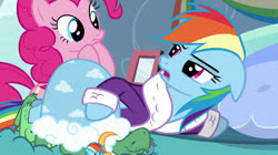 Size: 300x168 | Tagged: safe, derpibooru import, screencap, pinkie pie, rainbow dash, tank, earth pony, pegasus, pony, tanks for the memories, bathrobe, clothes, dashie slippers, rainbow dash is not amused, slippers, tank slippers, unhappy