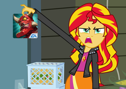 Size: 1016x720 | Tagged: safe, sunset shimmer, equestria girls, android, dungeon keeper, ea, epic fail, exploitable meme, ios, meme, microtransactions, solo, sunset is disgusted