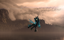 Size: 3840x2400 | Tagged: safe, artist:saxm13, queen chrysalis, changeling, changeling queen, 3d, changeling swarm, female, flying, gmod, solo, solo focus, swarm, water