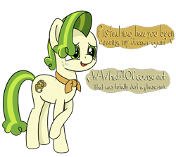 Size: 2196x1955 | Tagged: safe, artist:czu, pistachio, earth pony, pony, cute, implied crossdressing, lying, nervous, offscreen character, pistachiaww, text