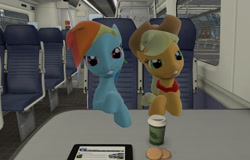 Size: 1600x1024 | Tagged: safe, artist:orang111, derpibooru import, applejack, rainbow dash, earth pony, pegasus, pony, 3d, class 395, coffee, cookie, cup, game, gmod, railroad, smug, smugdash, tablet pc, train, train simulator 2014, train station