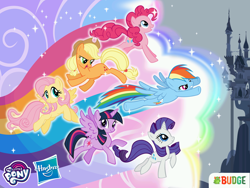 Size: 2048x1536 | Tagged: safe, derpibooru import, applejack, fluttershy, pinkie pie, rainbow dash, rarity, twilight sparkle, twilight sparkle (alicorn), alicorn, earth pony, pegasus, pony, unicorn, cardboard twilight, female, game, hasbro logo, mane six, mare, my little pony logo, rainbow runners, stock vector