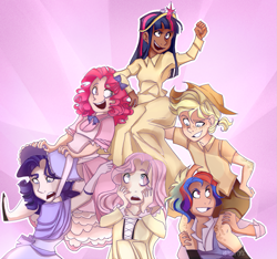 Size: 1045x978 | Tagged: safe, artist:katarinacipcic, derpibooru import, applejack, fluttershy, pinkie pie, rainbow dash, rarity, twilight sparkle, twilight sparkle (alicorn), alicorn, human, big crown thingy, clothes, crown, dark skin, humanized, jewelry, mane six, open mouth, regalia