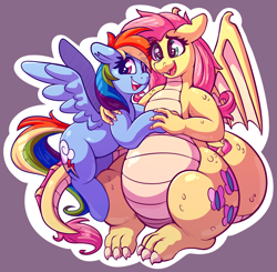 Size: 3300x3238 | Tagged: safe, artist:graphene, fluttershy, rainbow dash, dragon, cute, dashabetes, dragonified, duo, flutterdragon, shyabetes, species swap