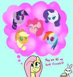 Size: 1280x1345 | Tagged: safe, artist:marindashy, derpibooru import, angel bunny, applejack, fluttershy, pinkie pie, rainbow dash, rarity, twilight sparkle, earth pony, pegasus, pony, unicorn, ask, cheese, fluttershy answers, mane six, tumblr