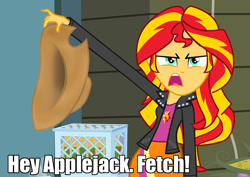 Size: 1016x720 | Tagged: safe, applejack, sunset shimmer, equestria girls, applejack's hat, caption, exploitable meme, hat, meme, solo, sunset is disgusted, this will end in pain, this will end in tears