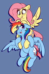 Size: 2287x3474 | Tagged: safe, artist:graphene, fluttershy, rainbow dash, pegasus, pony, cute, duo, female, floppy ears, flutterdash, happy, holding, lesbian, looking at each other, mare, open mouth, shipping, shoulder ride, smiling, spread wings, wings