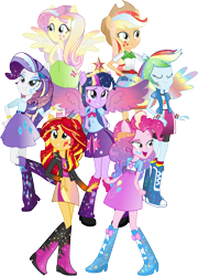 Size: 3000x4172 | Tagged: safe, artist:theshadowstone, applejack, fluttershy, pinkie pie, rainbow dash, rarity, sunset shimmer, twilight sparkle, equestria girls, rainbow rocks, alternative cutie mark placement, clothes, colored wings, facial cutie mark, humane seven, humane six, mane six, multicolored wings, ponied up, rainbow power, rainbow wings, sleeveless, tanktop