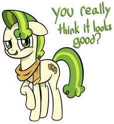 Size: 3222x3496 | Tagged: safe, artist:czu, pistachio, earth pony, pony, clothes, cute, dialogue, floppy ears, looking at you, male, pistachiaww, raised hoof, scarf, simple background, smiling, solo, text, transparent background