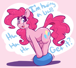 Size: 2421x2173 | Tagged: safe, artist:graphene, pinkie pie, earth pony, pony, balancing, ball, cute, dialogue, diapinkes, female, laughing, looking at you, mare, open mouth, pink background, pun, simple background, smiling, solo, speech bubble