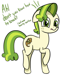 Size: 2939x3485 | Tagged: safe, artist:czu, pistachio, earth pony, pony, best gift ever, cute, dialogue, embarrassed, floppy ears, pistachiaww, simple background, solo, transparent background, we don't normally wear clothes