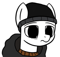 Size: 1854x1749 | Tagged: safe, artist:czu, oc, oc:anon, earth pony, pony, beanie, black hoodie, clothes, doomer, frown, hat, hoodie, meme, no catchlights, simple background, white background