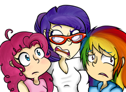 Size: 1100x800 | Tagged: safe, artist:sonica-michi, derpibooru import, pinkie pie, rainbow dash, rarity, human, rarity takes manehattan, glasses, humanized, light skin, scene interpretation