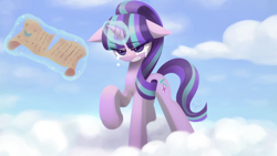 Size: 1920x1080 | Tagged: safe, artist:howxu, starlight glimmer, pony, unicorn, the cutie re-mark, cloud, crying, scroll, solo