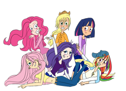 Size: 1024x737 | Tagged: safe, artist:katedoof, derpibooru import, applejack, fluttershy, pinkie pie, rainbow dash, rarity, twilight sparkle, human, belly button, humanized, light skin, mane six, midriff