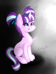 Size: 720x960 | Tagged: safe, artist:girlunicorn, starlight glimmer, pony, unicorn, crying, female, filly, gradient background, horn, open mouth, pigtails, pink coat, signature, sitting, solo, two toned mane, two toned tail