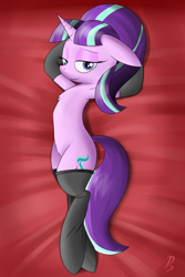 Size: 3000x4500 | Tagged: safe, artist:pj-nsfw, starlight glimmer, pony, adorasexy, bed, bedroom eyes, body pillow, body pillow design, clothes, cute, female, floppy ears, looking at you, sexy, sinfully sexy, socks, solo, stupid sexy starlight glimmer