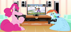 Size: 1024x463 | Tagged: safe, artist:petalierre, derpibooru import, pinkie pie, rainbow dash, earth pony, pegasus, pony, controller, dragon ball z, gamer dash, gamer pinkie, gamerdash, goku, piccolo (dbz), video game