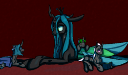 Size: 540x318 | Tagged: safe, artist:graytr, queen chrysalis, oc, oc:bucketling, oc:spotted record, oc:synch, changeling, changeling queen, nymph, cute, cutealis, cuteling, female, mare, mommy chrissy, purple changeling, size difference