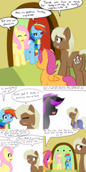 Size: 1600x3200 | Tagged: safe, artist:jake heritagu, derpibooru import, fluttershy, rainbow dash, scootaloo, oc, oc:sandy hooves, oc:warden, pegasus, pony, ask pregnant scootaloo, blushing, clothes, comic, female, flutterdash, fluttershy's cottage, lesbian, pregnant, pregnant scootaloo, scarf, shipping